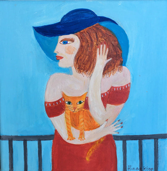 Woman in Red Dress & Orange Cat by Peggy Hinaekian