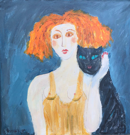 Woman with Orange Hair and Cat by Peggy Hinaekian